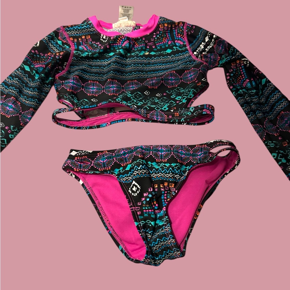 Jessica Simpson Pink and Black Rashguard Swim Set
